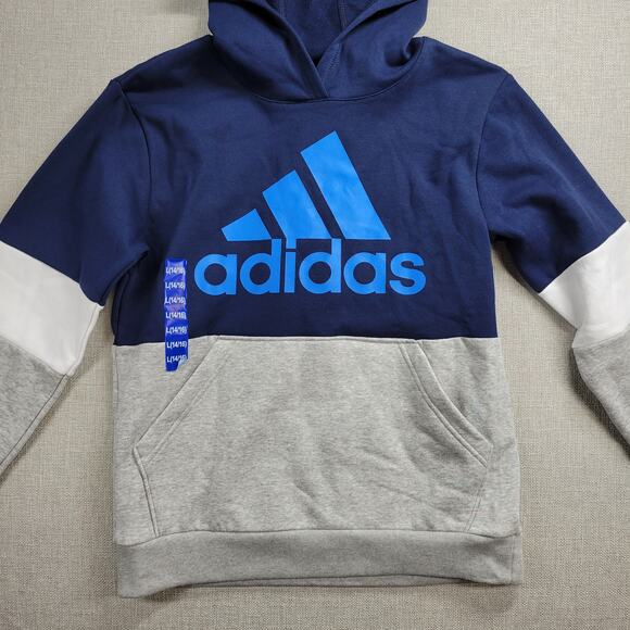 Adidas Youth Hoodie Size L 14/16 Navy Grey‎ Spell Out Logo Fleece Pullover NEW - Picture 14 of 14